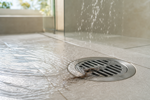 Bonde de douche débouchée, eau qui s'écoule